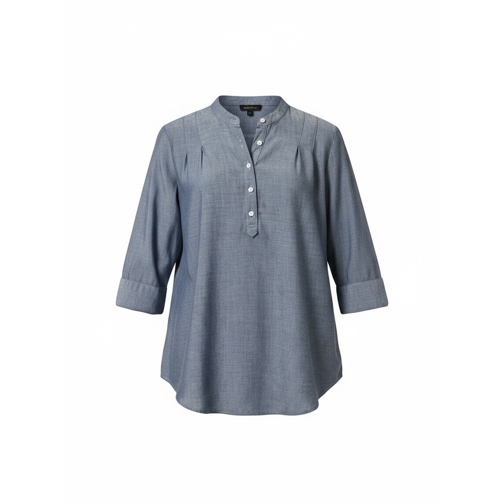 Spense Blue Chambray Style Pleated 3/4 Sleeve Mandarin Collar Blouse Sz Medium